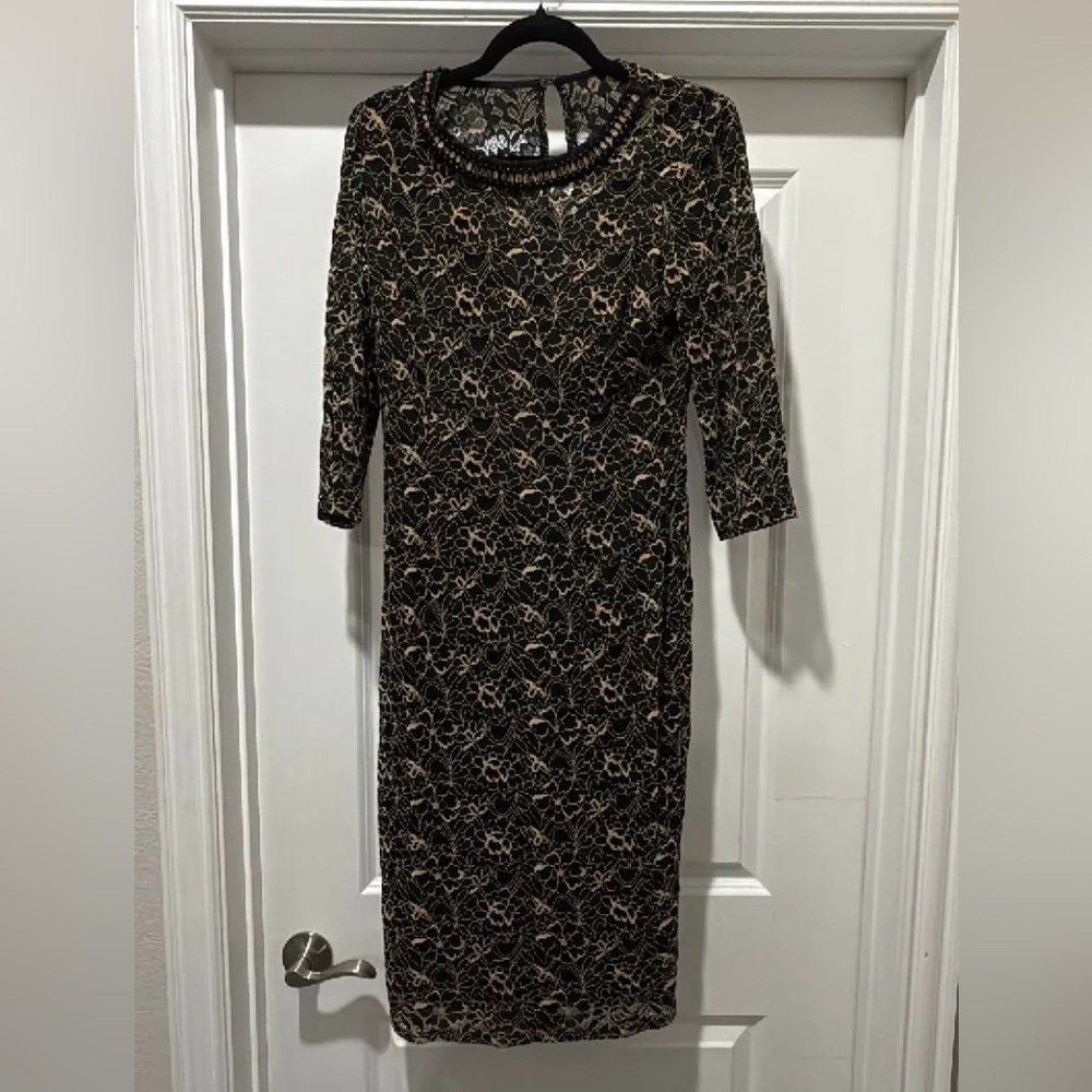 NWOT Vintage Liz Claiborne Elegant Black and Gold 3/4 sleeve Lace Dress Size 10